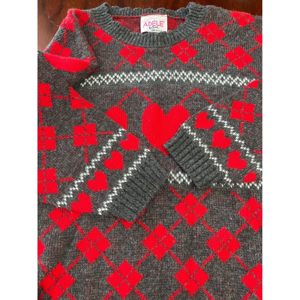 Adele Womens‎ Vintage 80s Argyle Heart Sweater Red Gray M Retro Crew Neck - Picture 7 of 7